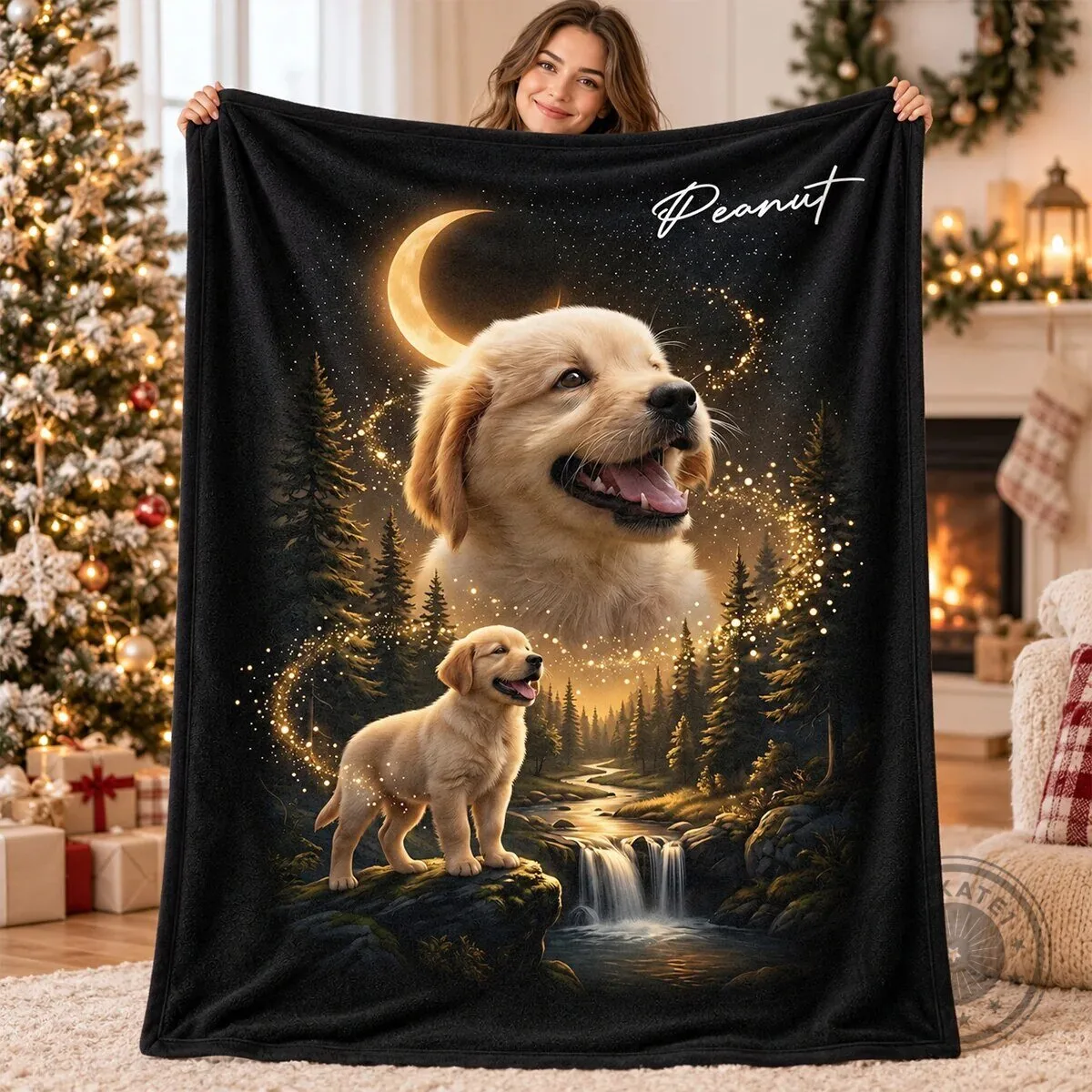 Personalized Golden Retriever Puppy Dog and Moon Night Sky Fleece Blanket