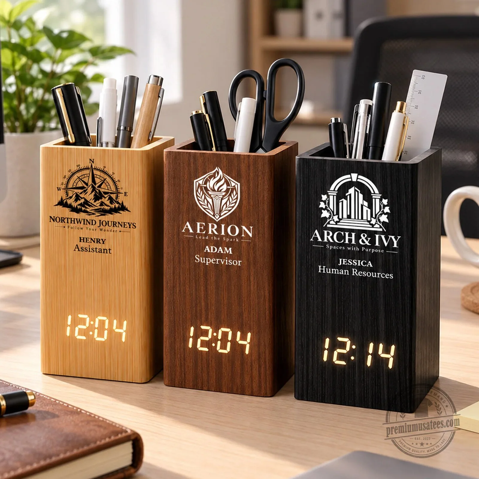 Personalized Wooden Pen Holder with Digital Clock for Desk Organization 9 Personalized Wooden Pen Holder with Digital Clock for Desk Organization