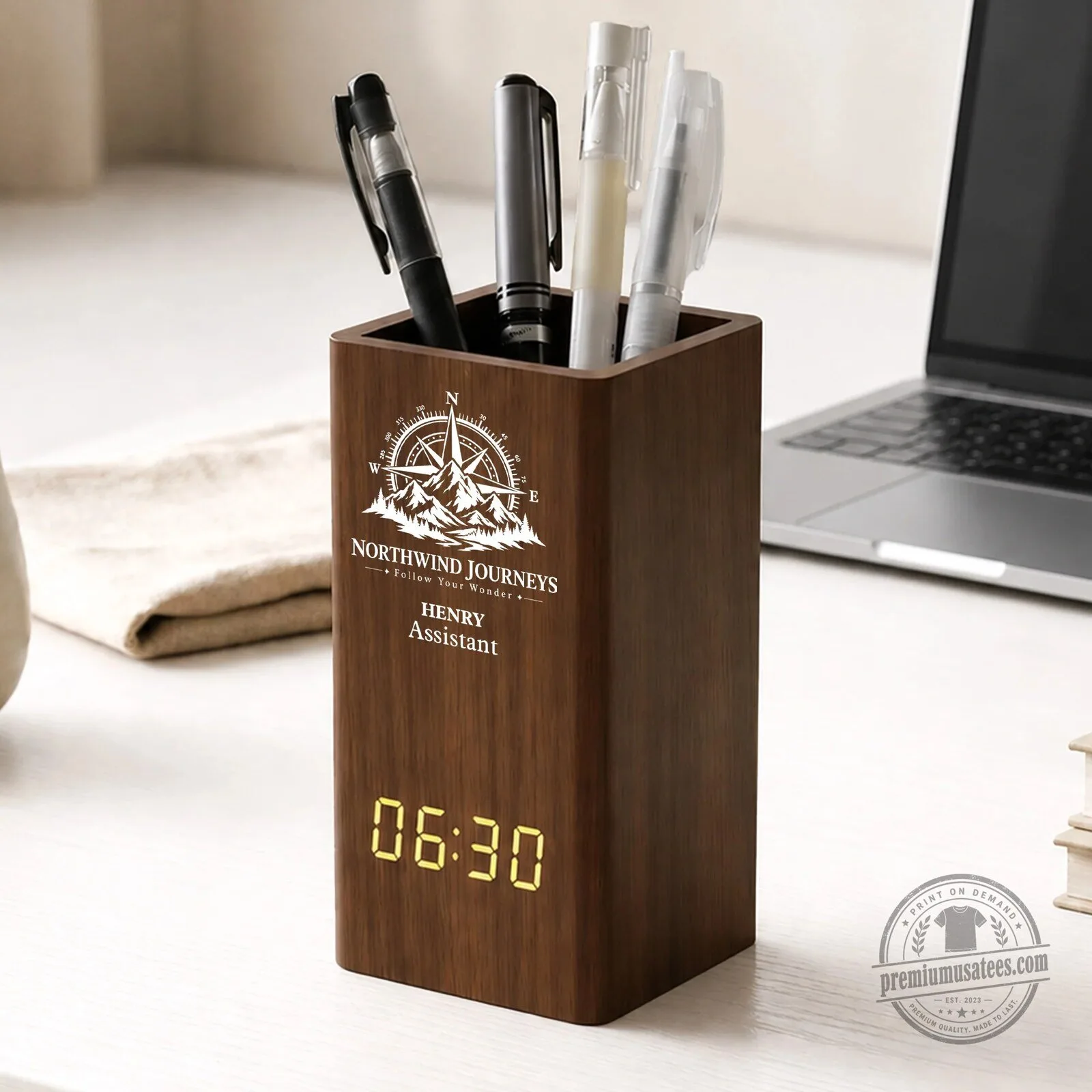 Personalized Wooden Pen Holder with Digital Clock for Desk Organization 13 Personalized Wooden Pen Holder with Digital Clock for Desk Organization