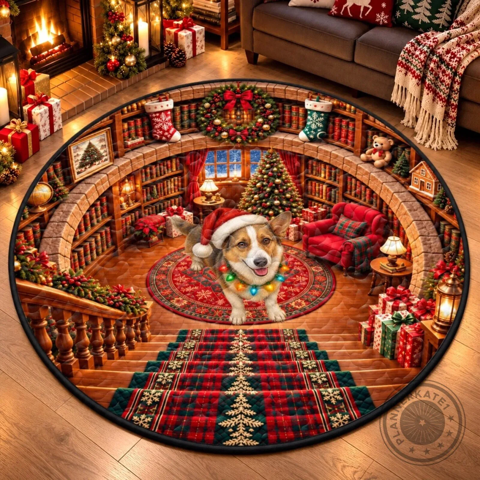 Christmas Corgi Library Decor Round Mat Holiday Festive Home Decoration