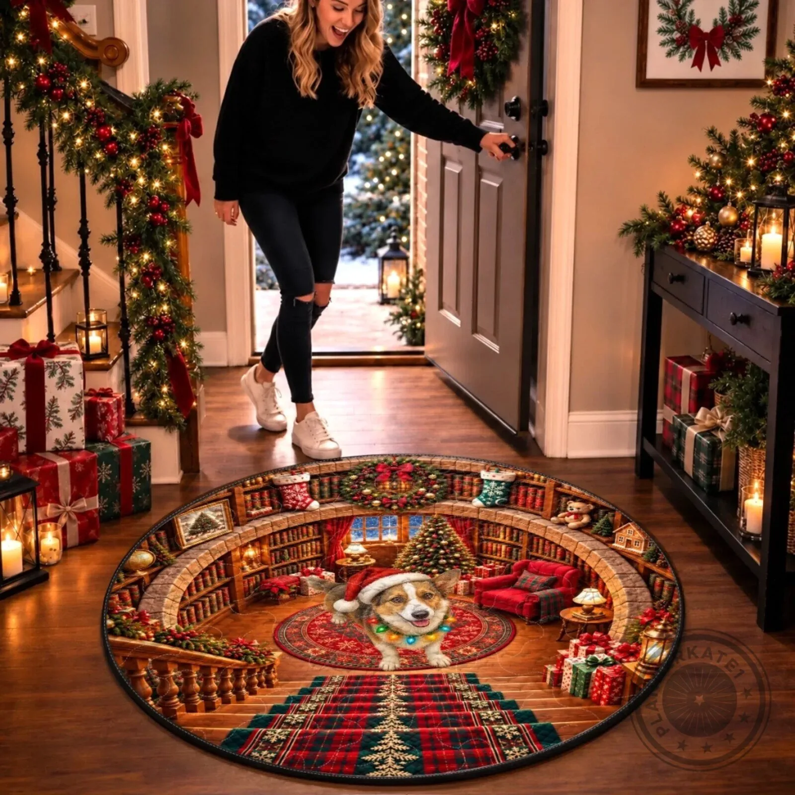 Christmas Corgi Library Decor Round Mat Holiday Festive Home Decoration 8 Christmas Corgi Library Decor Round Mat Holiday Festive Home Decoration