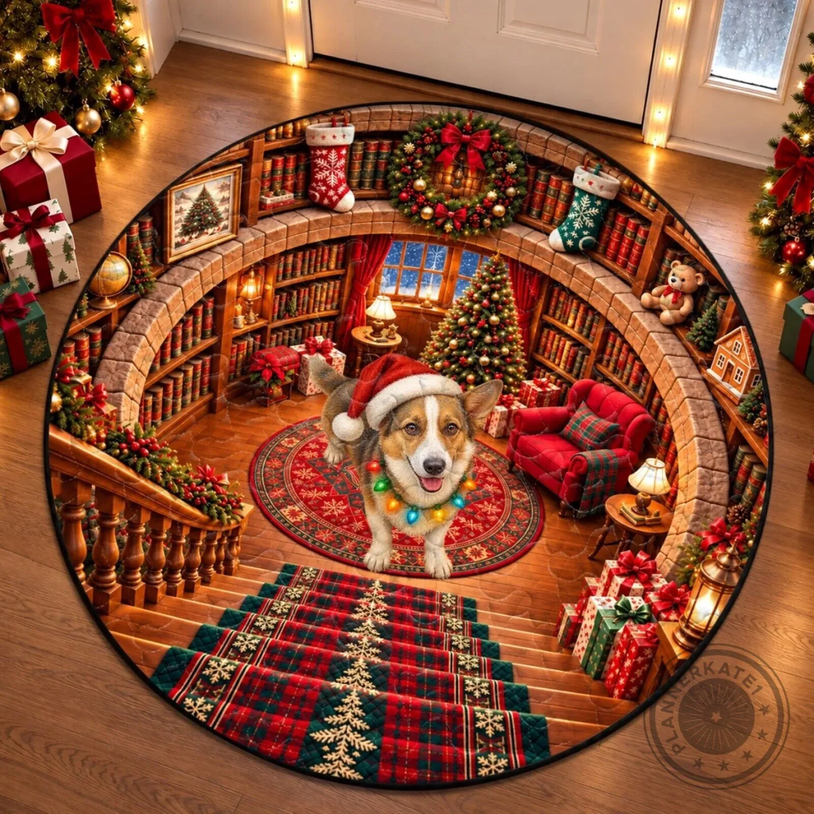 Christmas Corgi Library Decor Round Mat Holiday Festive Home Decoration 10 Christmas Corgi Library Decor Round Mat Holiday Festive Home Decoration