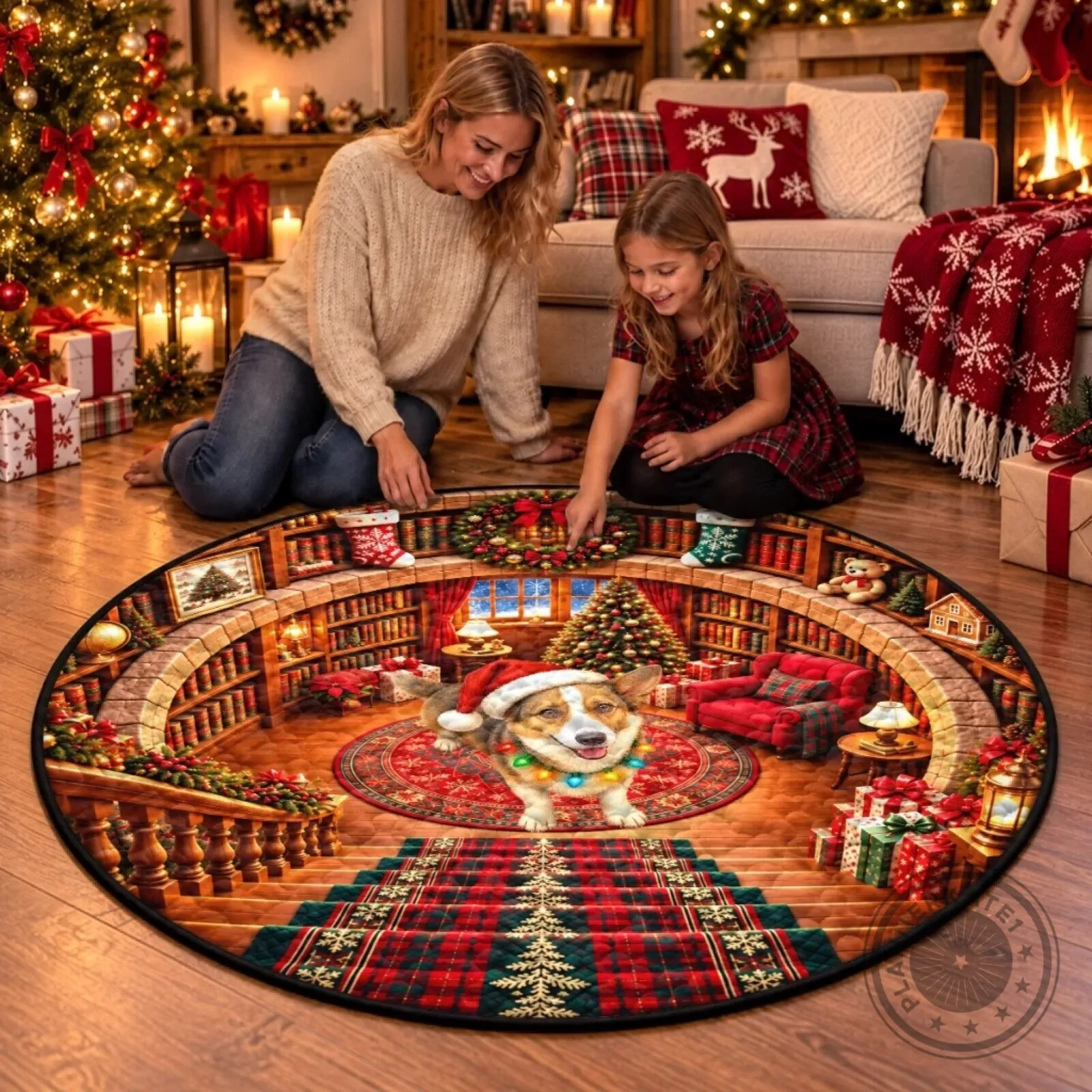 Christmas Corgi Library Decor Round Mat Holiday Festive Home Decoration 11 Christmas Corgi Library Decor Round Mat Holiday Festive Home Decoration