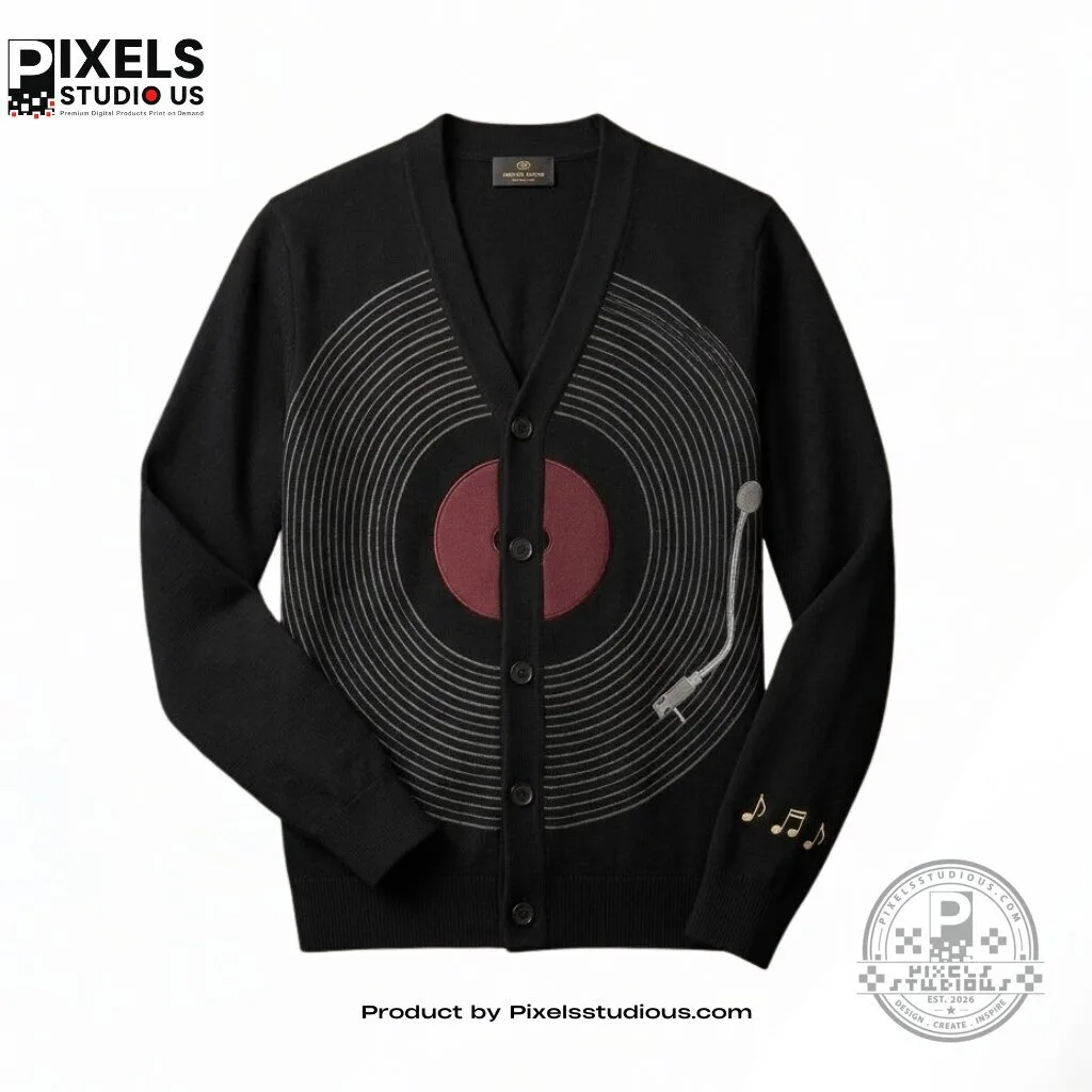 Vinyl Record Knit Cardigan Sweater 4 Vinyl Record Knit Cardigan Sweater 3D shirt or sports jersey with all-over print design