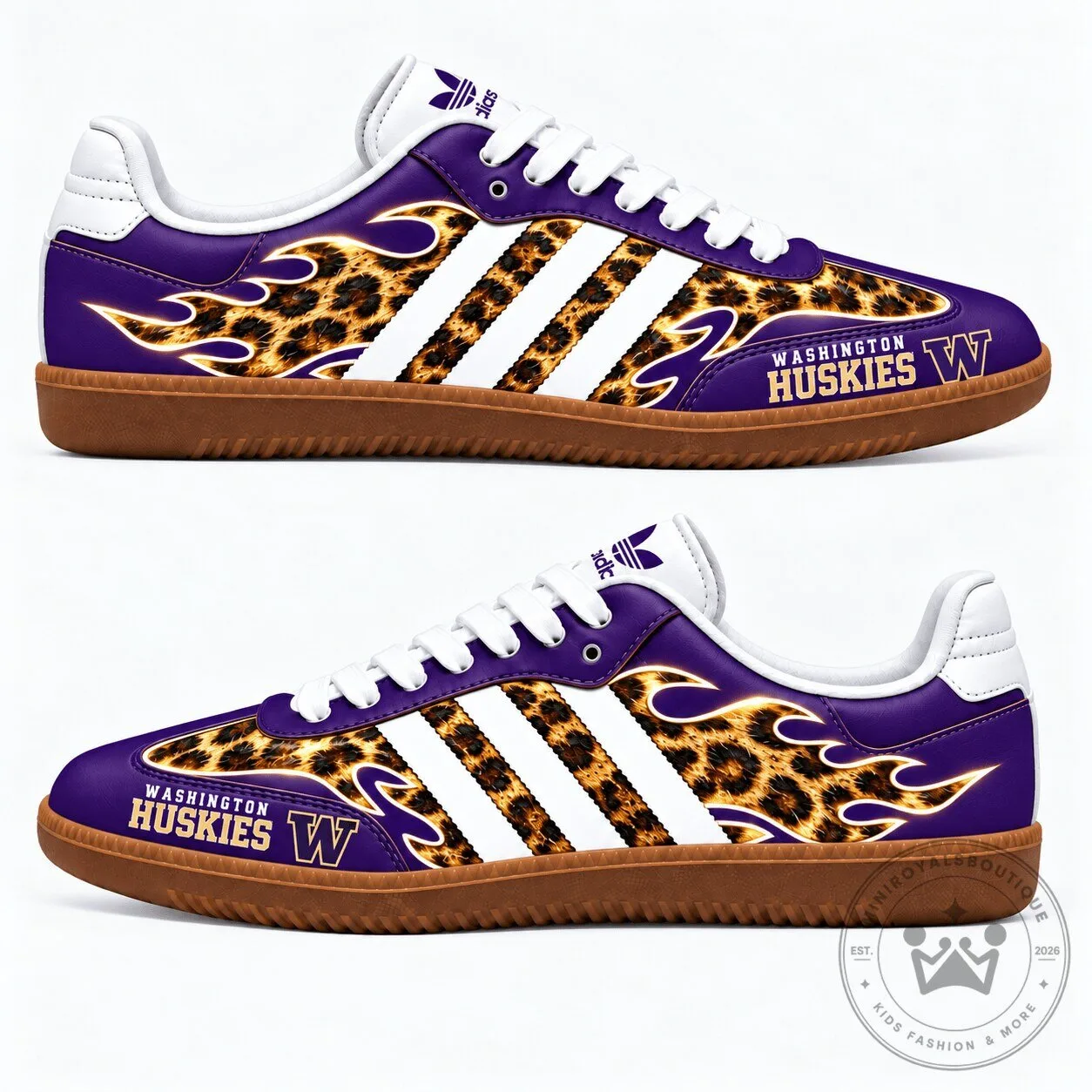 Washington Huskies Leopard Print Flame Pattern Purple and White Sneakers