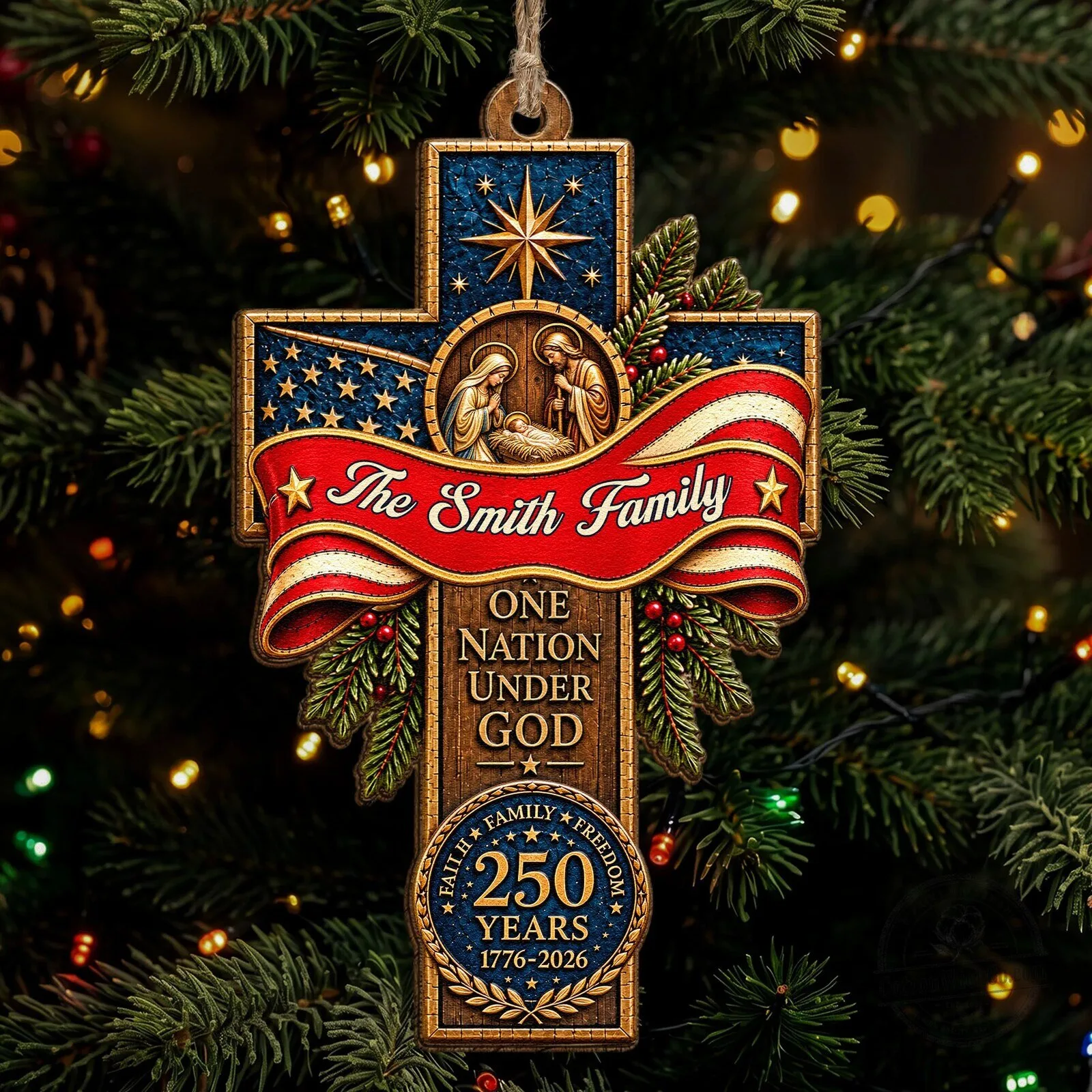Personalized One Nation Under God Faith Family Freedom Patriotic Cross Ornament