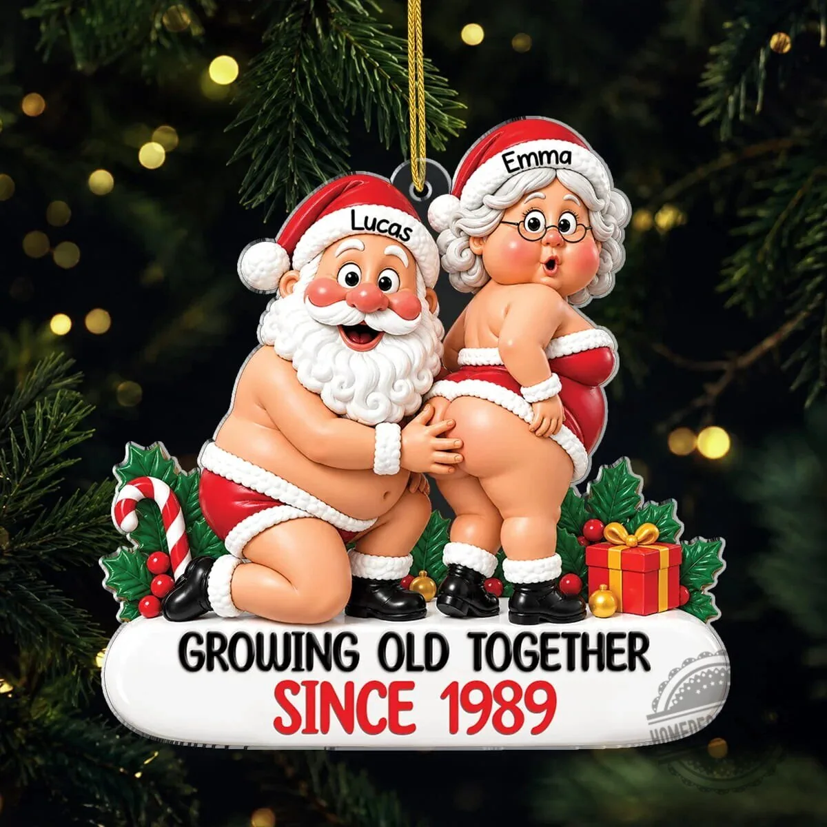 Funny Naughty Santa Claus Couple Christmas Tree Ornament Growing Old Together