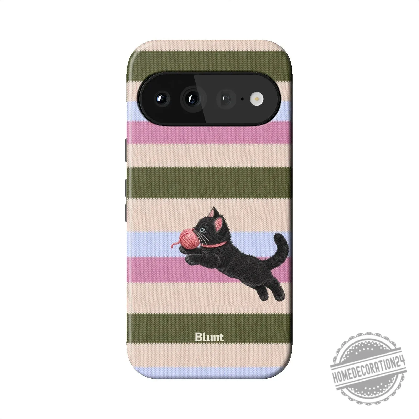 Striped Pattern Phone Case Featuring a Playful Black Kitten and Yarn Ball