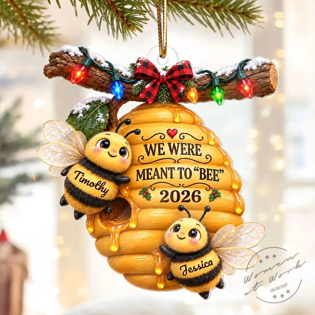 Personalized Couple Bees Hive Christmas Tree Ornament with Custom Names and Year 9 Personalized Couple Bees Hive Christmas Tree Ornament with Custom Names and Year