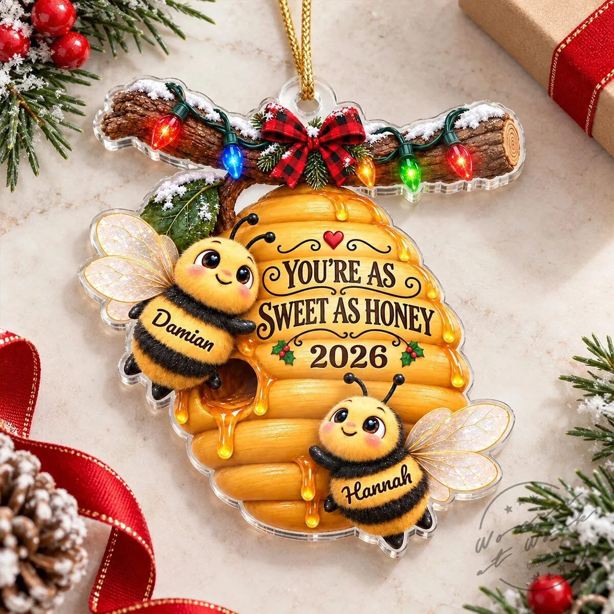 Personalized Couple Bees Hive Christmas Tree Ornament with Custom Names and Year 11 Personalized Couple Bees Hive Christmas Tree Ornament with Custom Names and Year