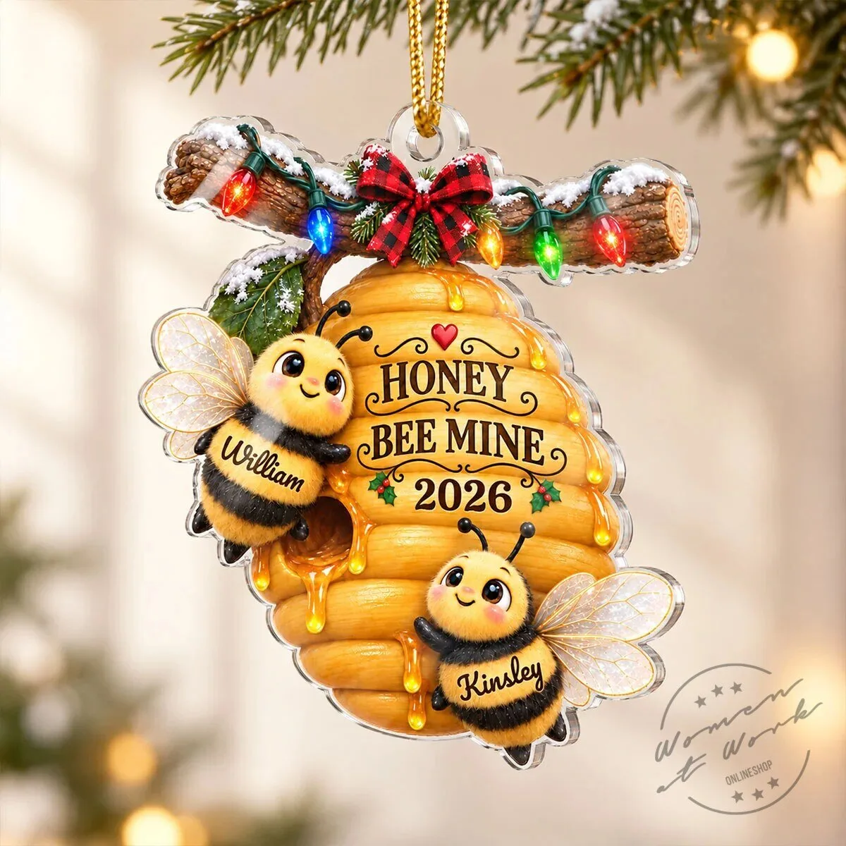 Personalized Couple Bees Hive Christmas Tree Ornament with Custom Names and Year 13 Personalized Couple Bees Hive Christmas Tree Ornament with Custom Names and Year