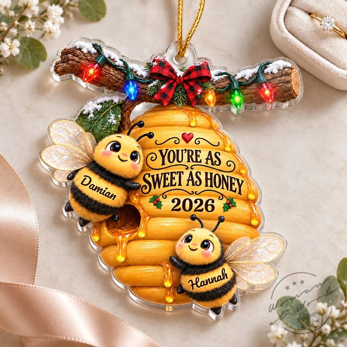 Personalized Couple Bees Hive Christmas Tree Ornament with Custom Names and Year 14 Personalized Couple Bees Hive Christmas Tree Ornament with Custom Names and Year