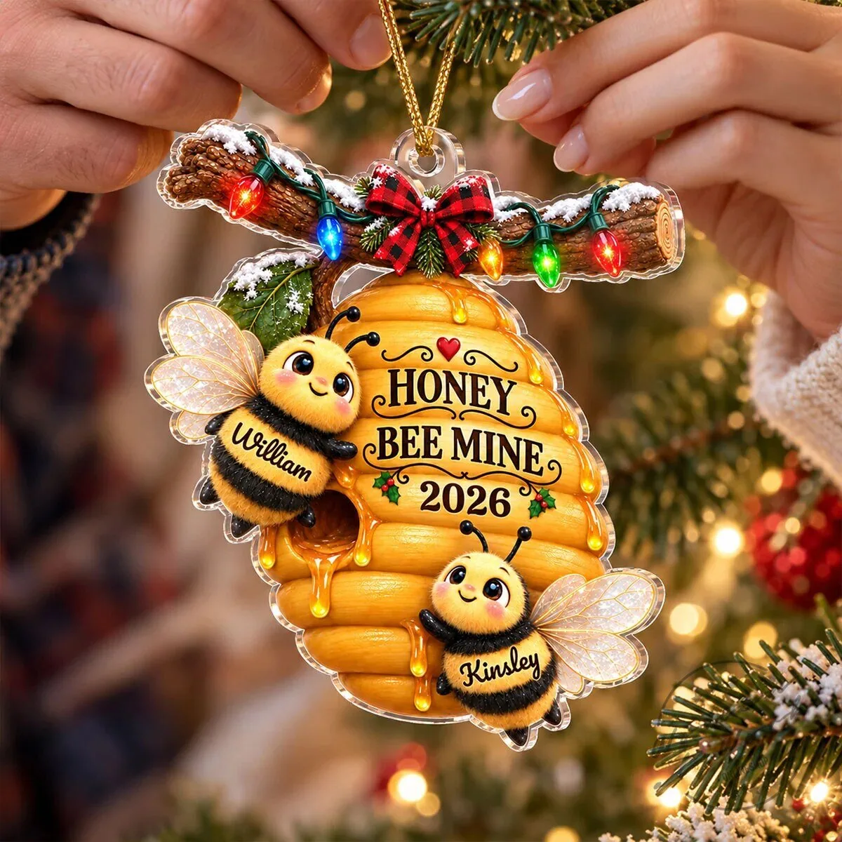 Personalized Couple Bees Hive Christmas Tree Ornament with Custom Names and Year 15 Personalized Couple Bees Hive Christmas Tree Ornament with Custom Names and Year