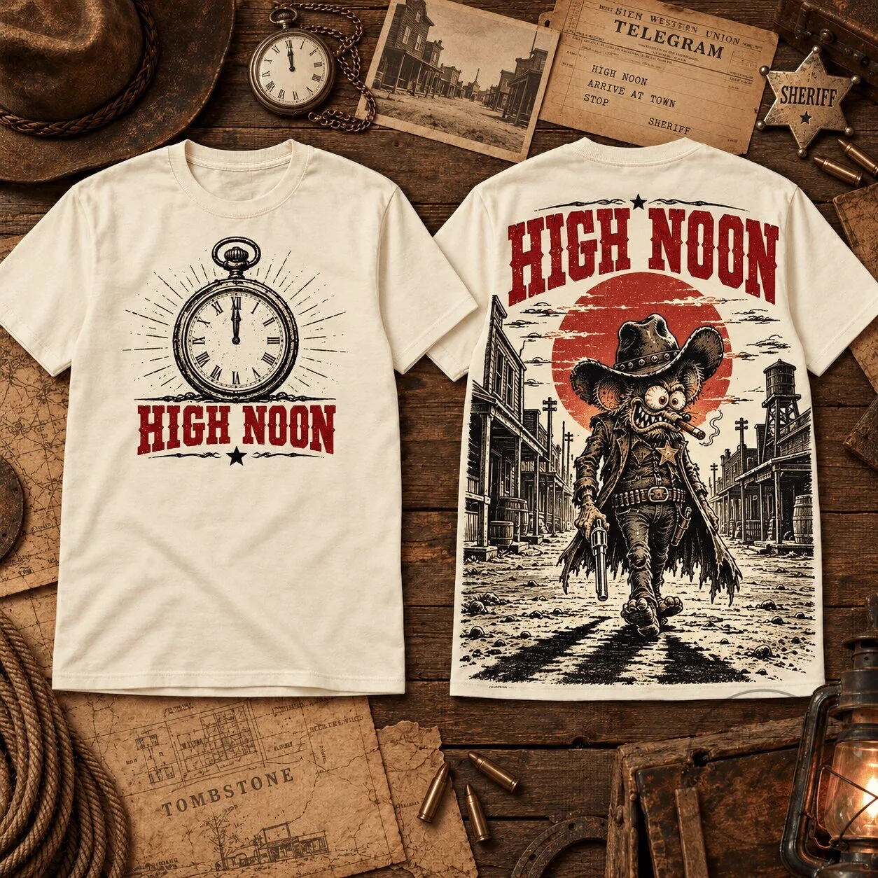 High Noon Rat Fink Western Movie Inspired Pocket Watch T-Shirt
