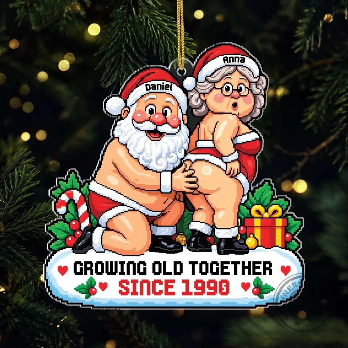 Personalized Pixel Art Santa and Mrs. Claus Christmas Ornament for Couples