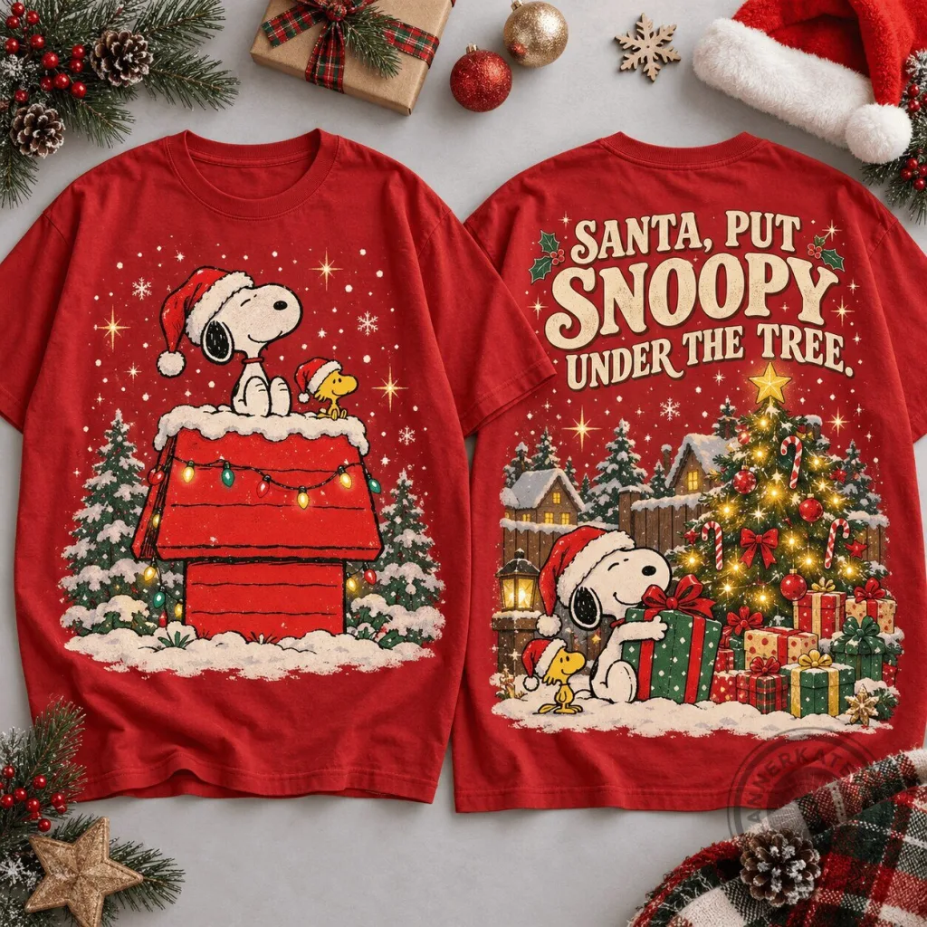 Snoopy Red Doghouse Christmas Tree Scene Peanuts Holiday T-Shirt Snoopy Red Doghouse Christmas Tree Scene Peanuts Holiday T-Shirt