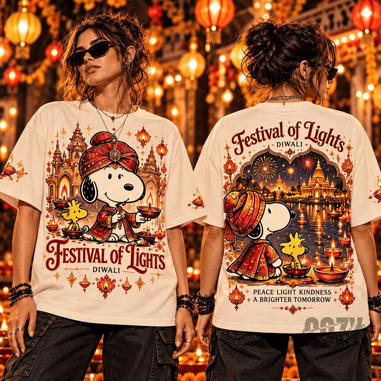 Snoopy and Woodstock Festival of Lights Diwali Indian Traditional Outfit T-Shirt