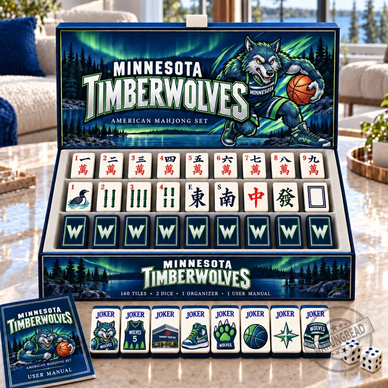 Minnesota Timberwolves American Mahjong Set with 160 Tiles and User Manual