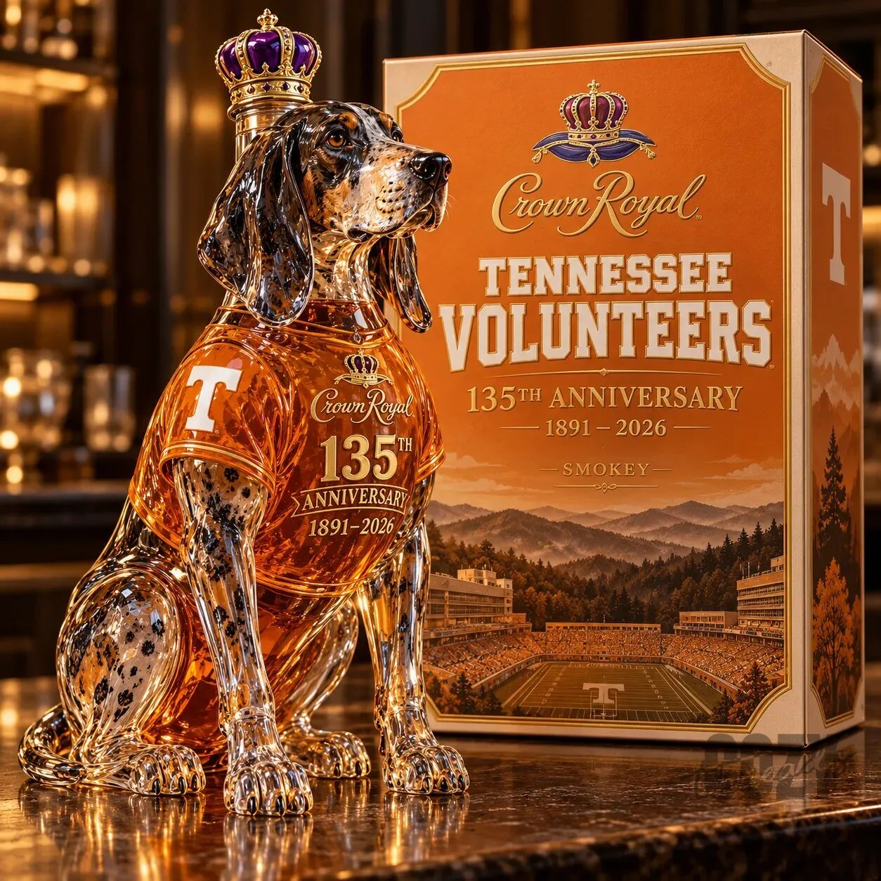 Crown Royal Tennessee Volunteers Smokey Dog 135th Anniversary Glass Decanter