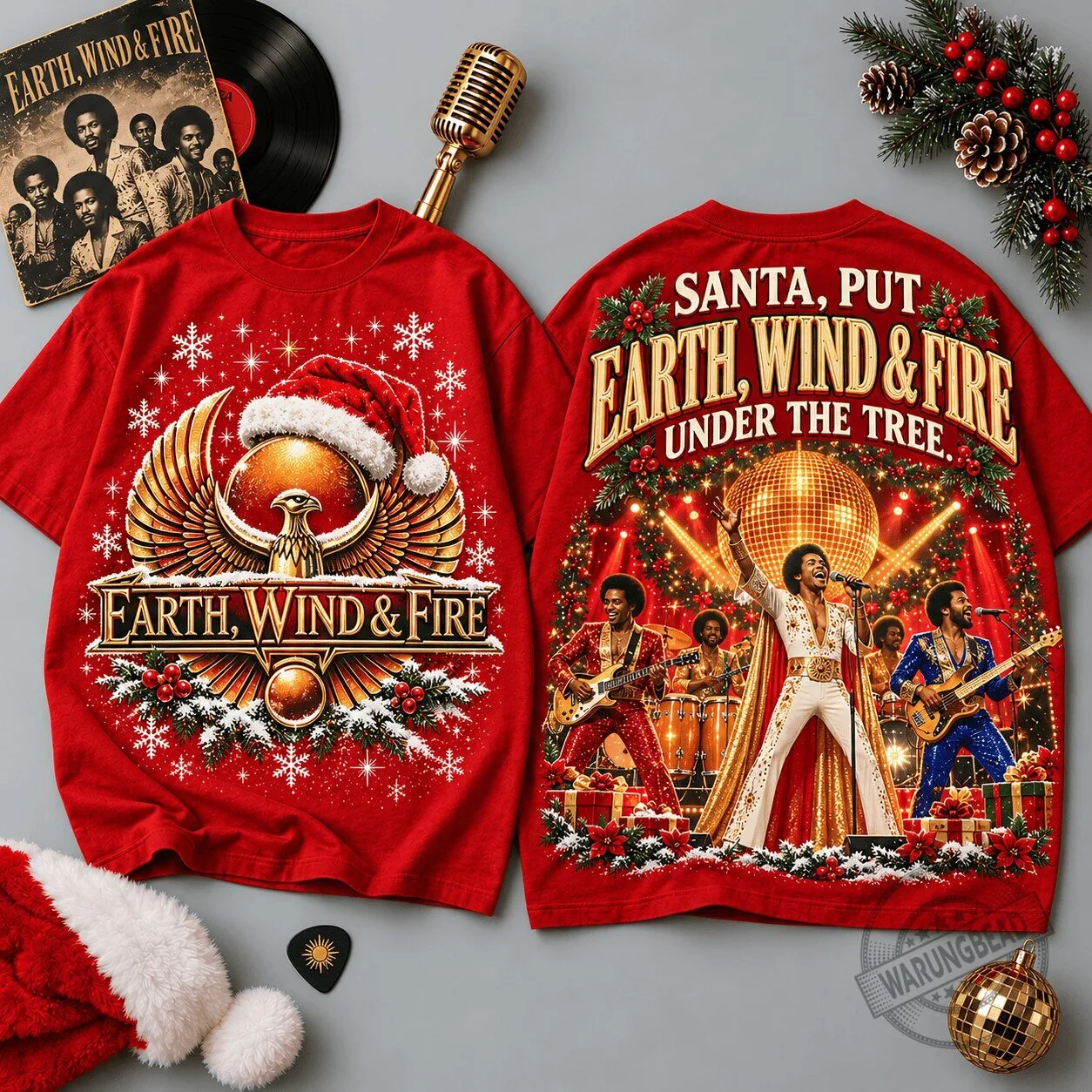 Earth, Wind & Fire Christmas Holiday Santa Hat Graphic Red T-Shirt