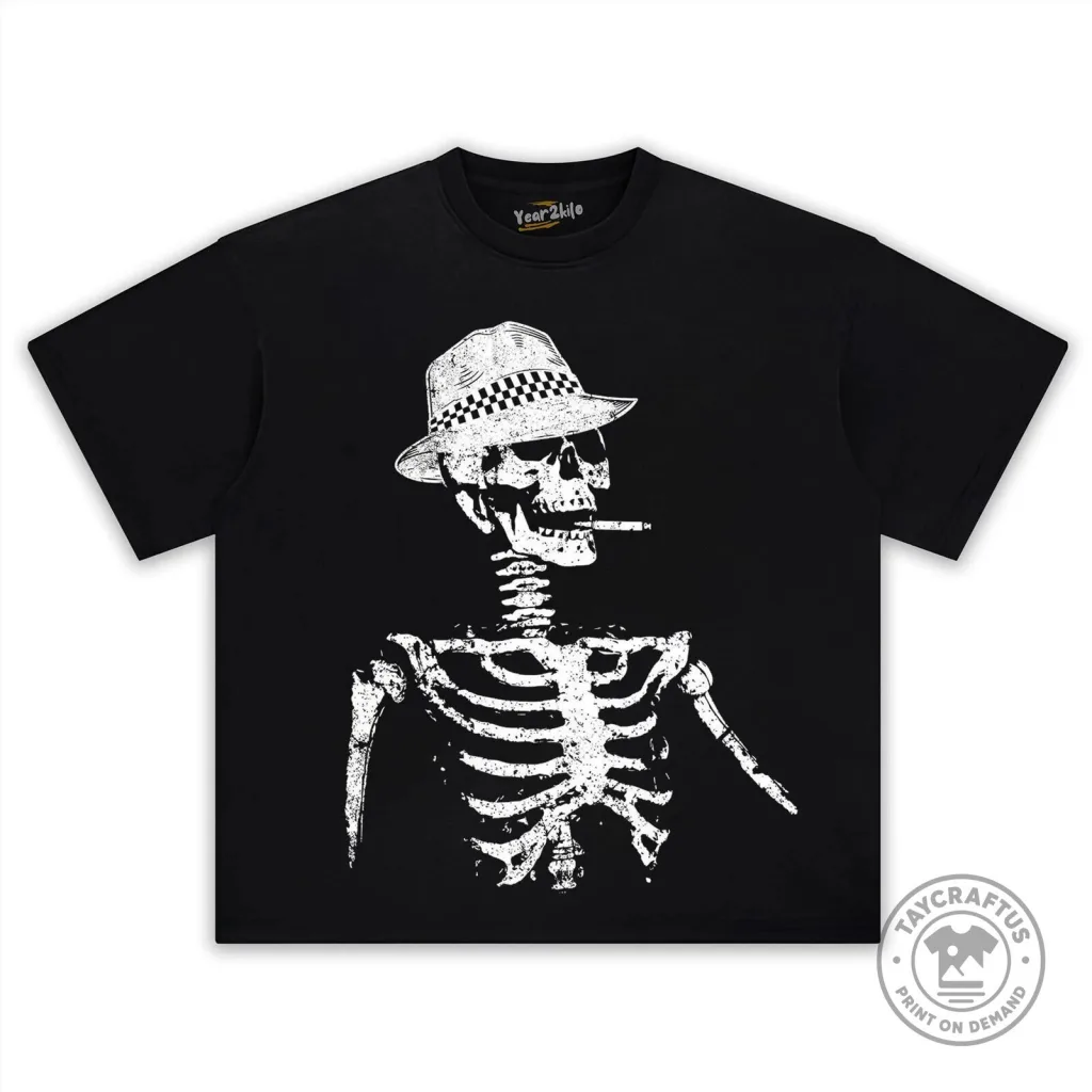 Horrible Skull Skeleton Smoking Cigarette with Hat Graphic Black T-Shirt Horrible Skull Skeleton Smoking Cigarette with Hat Graphic Black T-Shirt