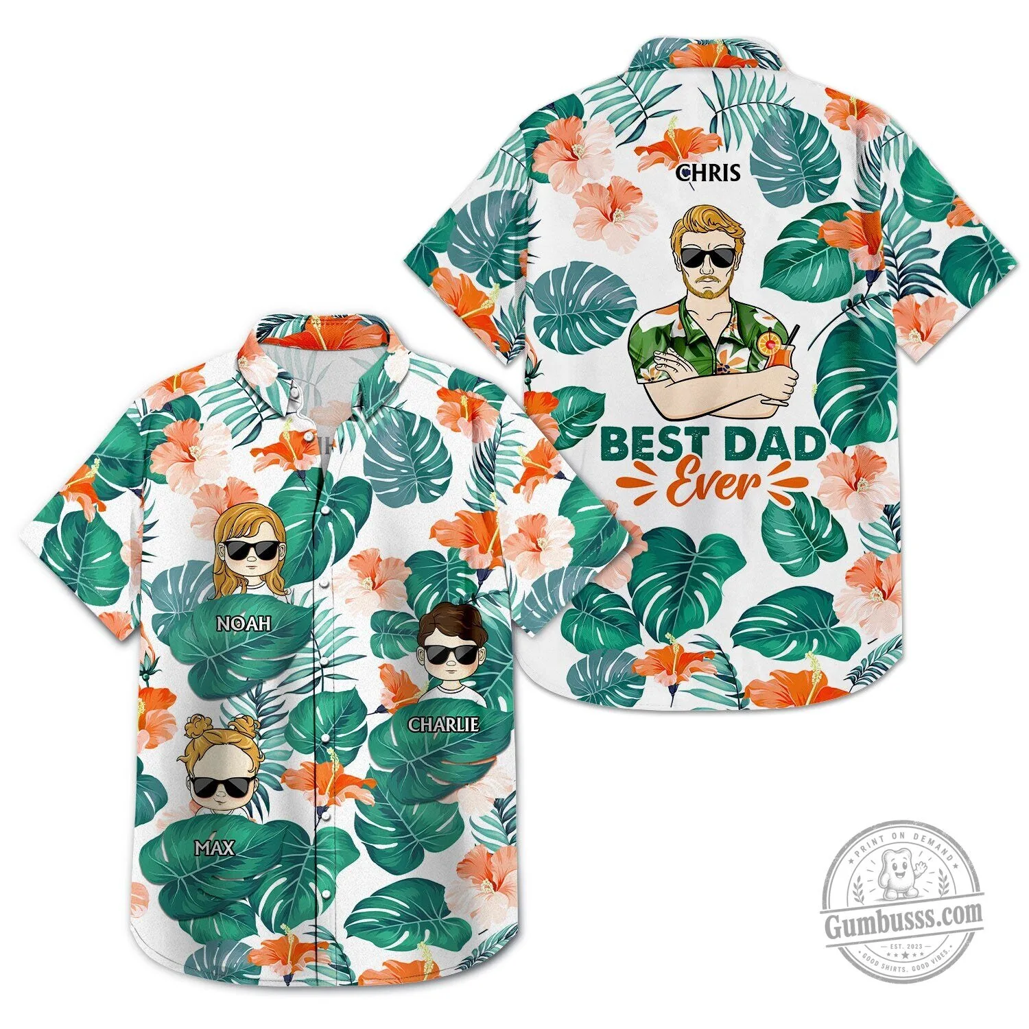 Best Dad Ever Personalized Tropical Floral White Hawaiian Shirt for Father