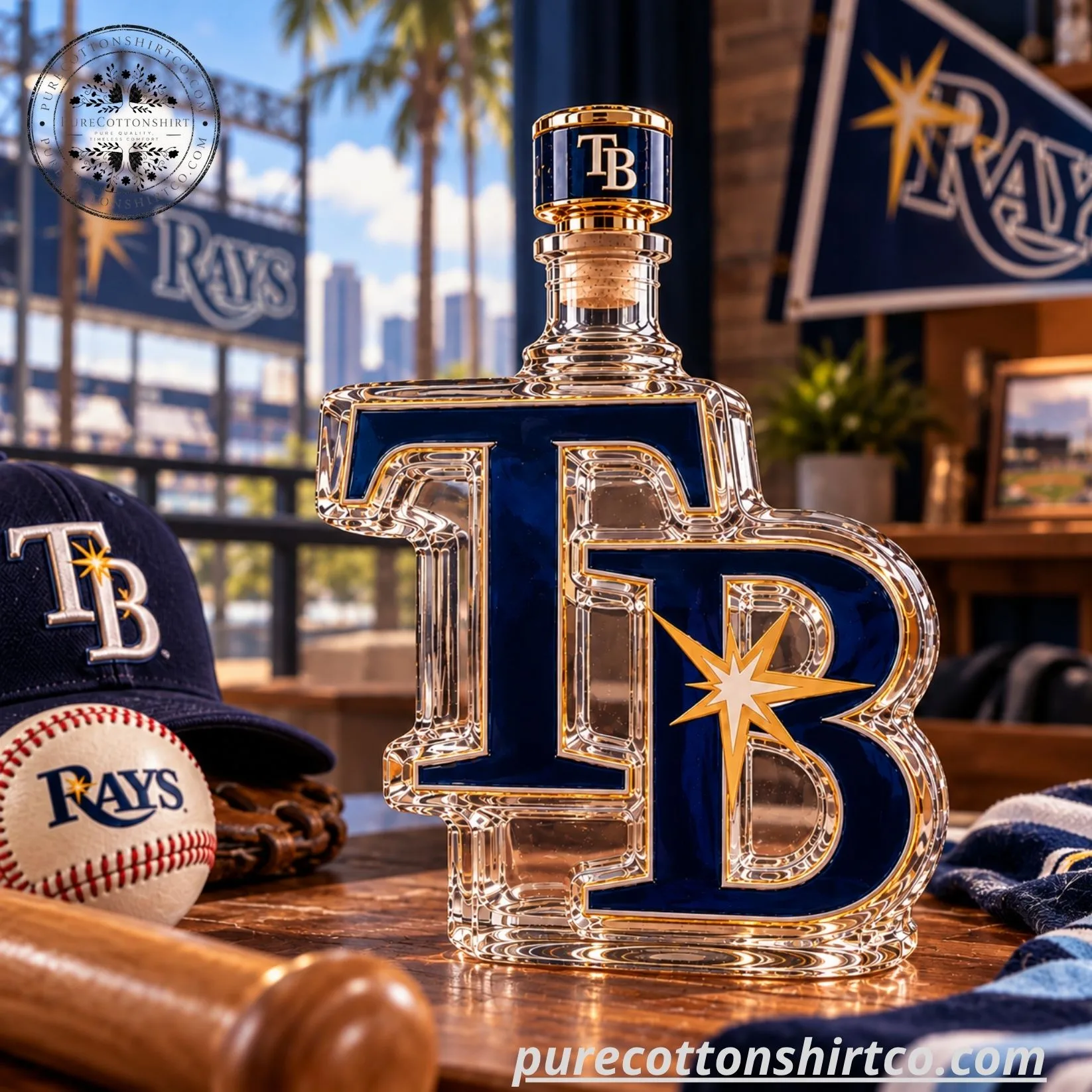 7 Tampa Bay Rays TB Logo Decanter – Glass Baseball Whiskey Bottle — image 2