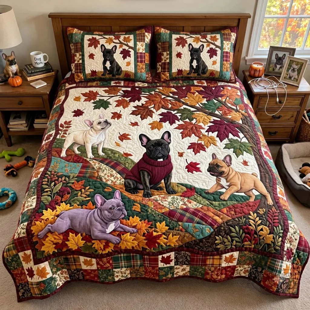 French Bulldog Fall Gathering Autumn Leaves Quilted Bedding Set French Bulldog Fall Gathering Autumn Leaves Quilted Bedding Set