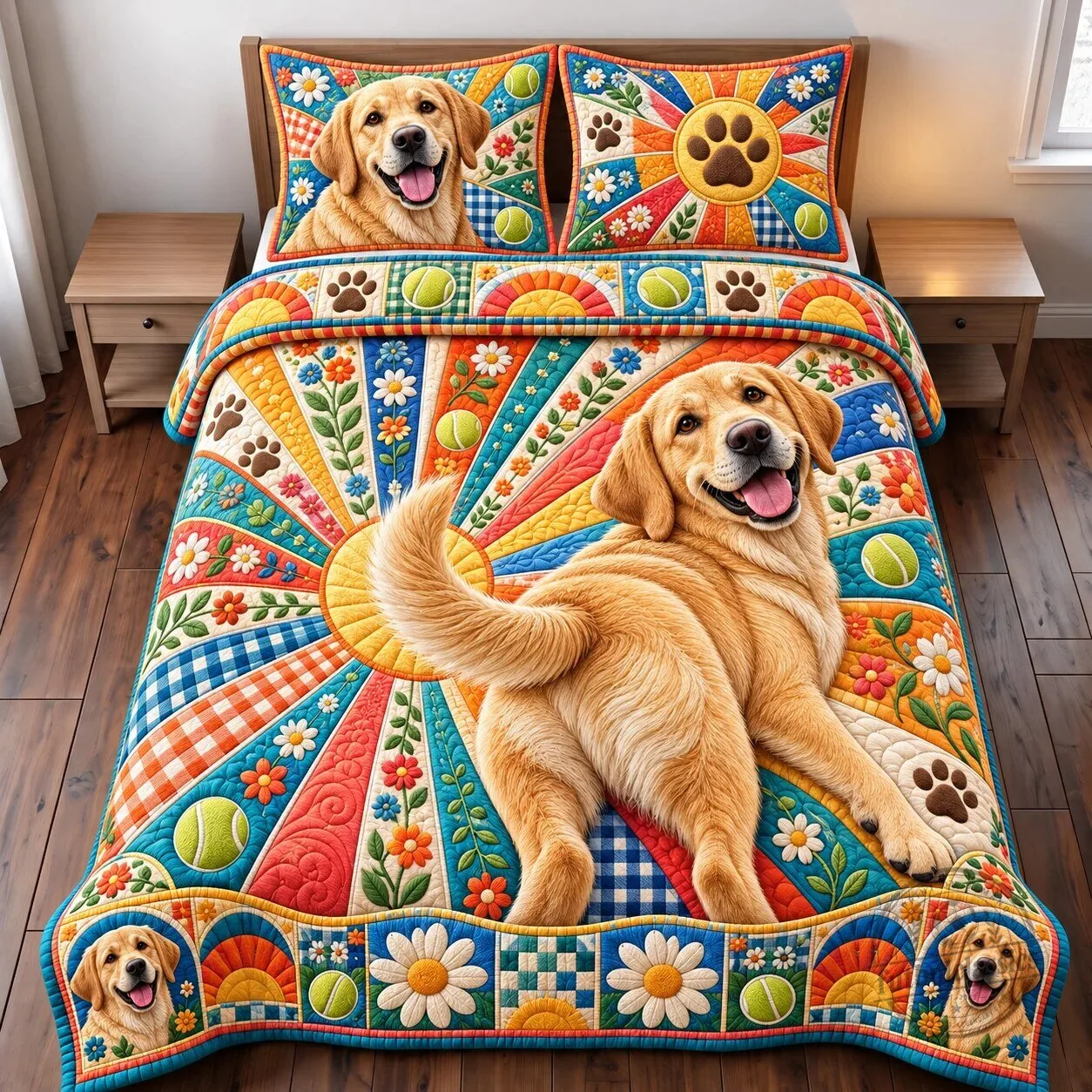 Golden Retriever Dog Sunshine Joy Quilted Bedding Set with Pillow Shams 5 Golden Retriever Dog Sunshine Joy Quilted Bedding Set with Pillow Shams