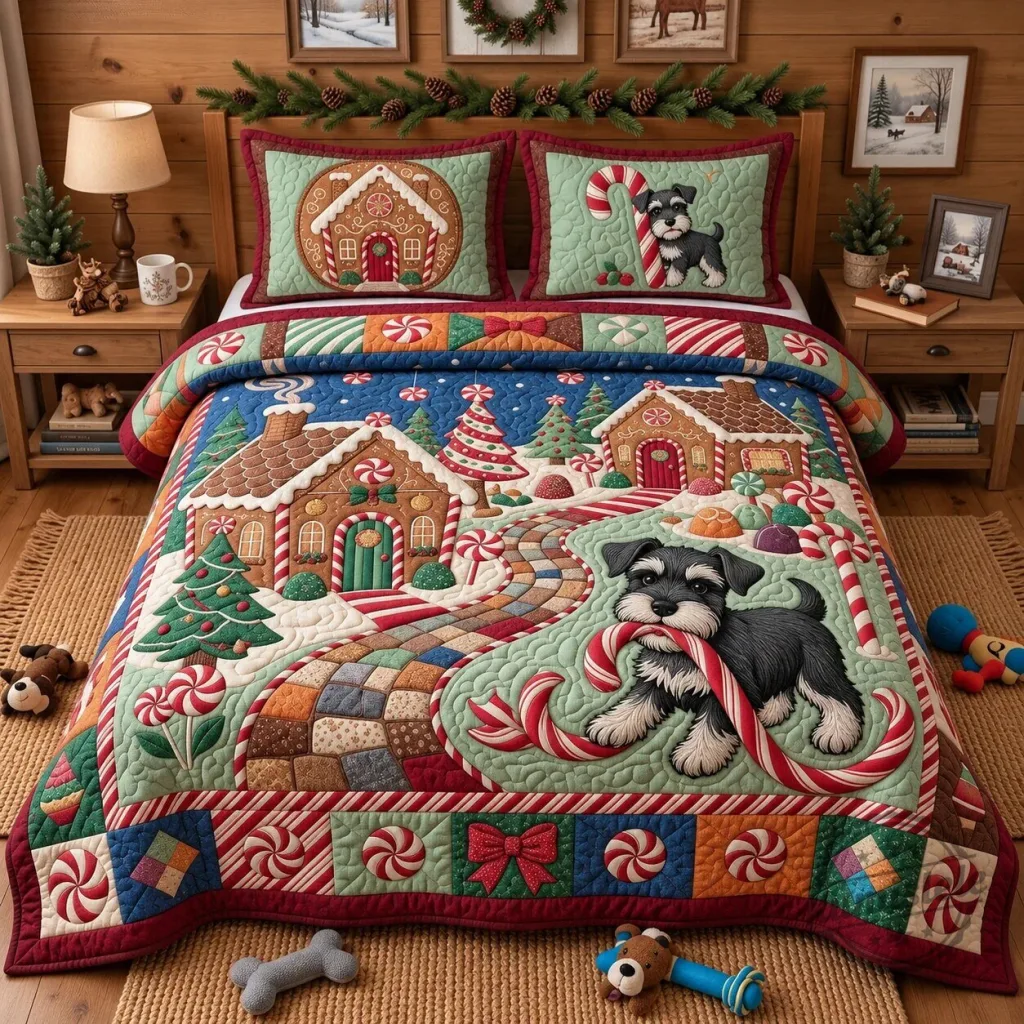 Christmas Schnauzer Dog Gingerbread Candy Village Quilted Bedding Set Christmas Schnauzer Dog Gingerbread Candy Village Quilted Bedding Set