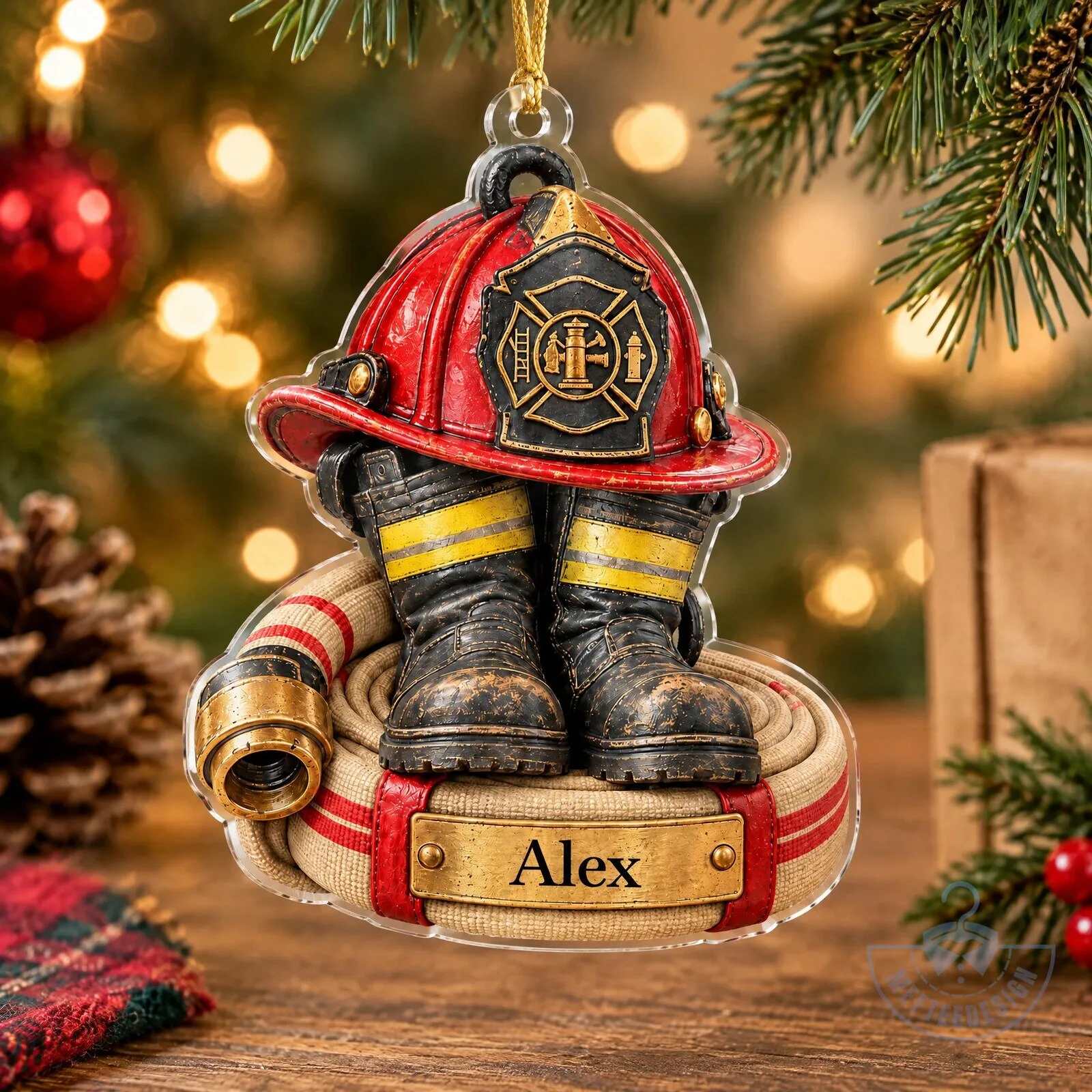 Personalized Firefighter Helmet Boots Hose Christmas Tree Ornament