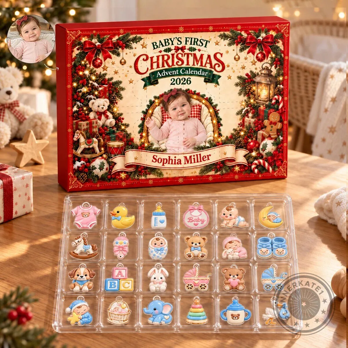 Baby's First Christmas Personalized Advent Calendar with 24 Acrylic Charms 2D 3 Baby