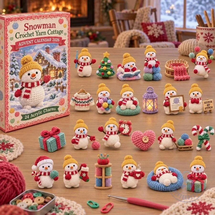 Snowman Crochet Yarn Cottage Advent Calendar 2026 with 24 Acrylic Charms 2D