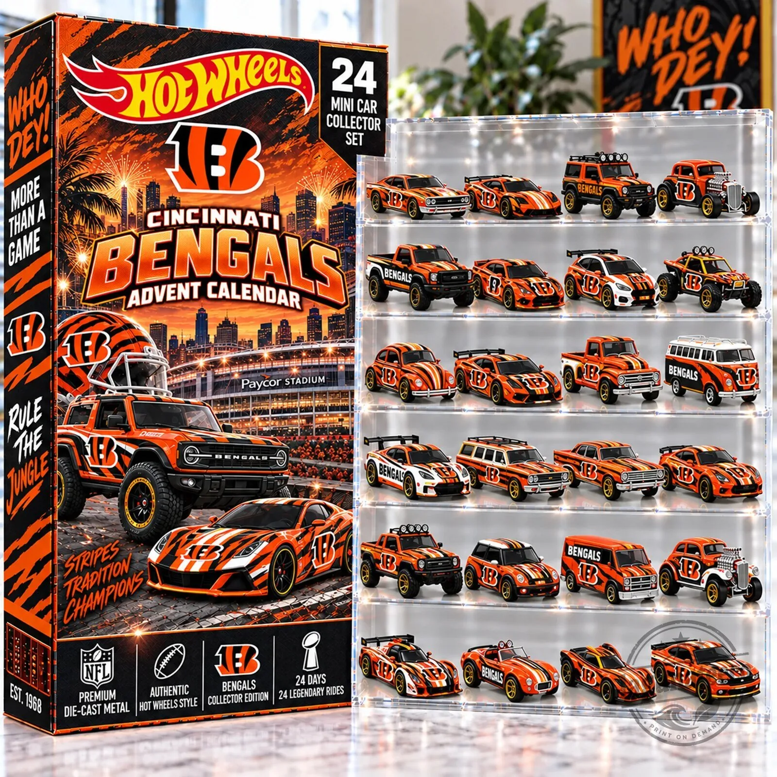 Cincinnati Bengals Hot Wheels 24 Car Collector Set Advent Calendar 2D
