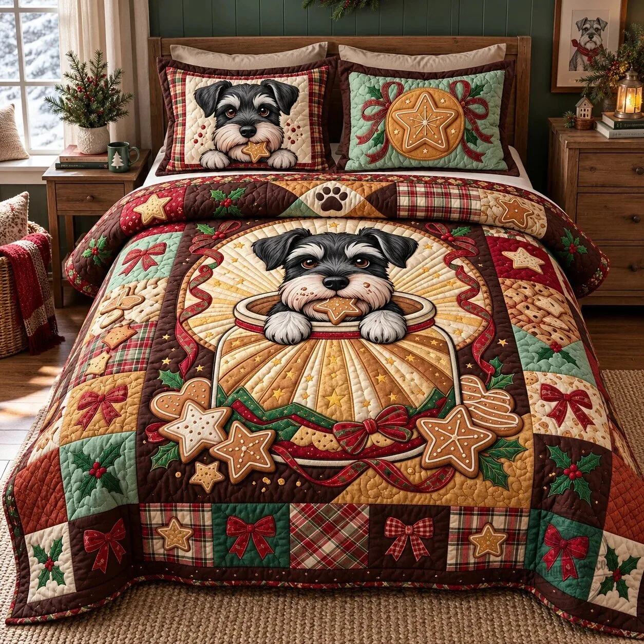 Schnauzer Dog Christmas Gingerbread Cookie Jar Quilted Bedding Set