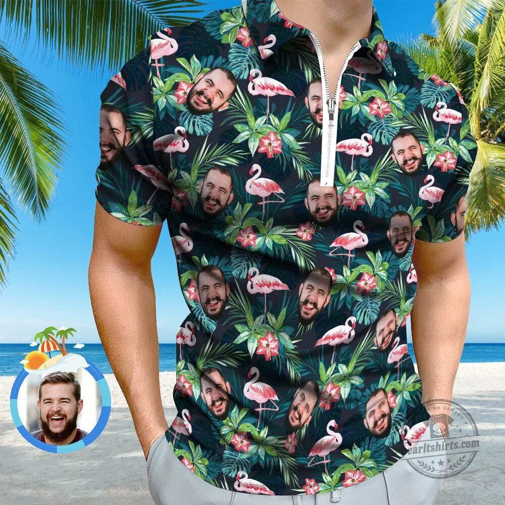 Personalized Face Flamingo Tropical Leaves Custom Photo Hawaiian Polo Shirt 11 Personalized Face Flamingo Tropical Leaves Custom Photo Hawaiian Polo Shirt