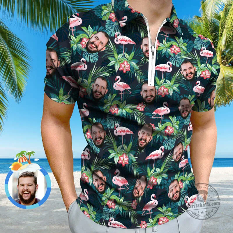 Personalized Face Flamingo Tropical Leaves Custom Photo Hawaiian Polo Shirt 14 Personalized Face Flamingo Tropical Leaves Custom Photo Hawaiian Polo Shirt
