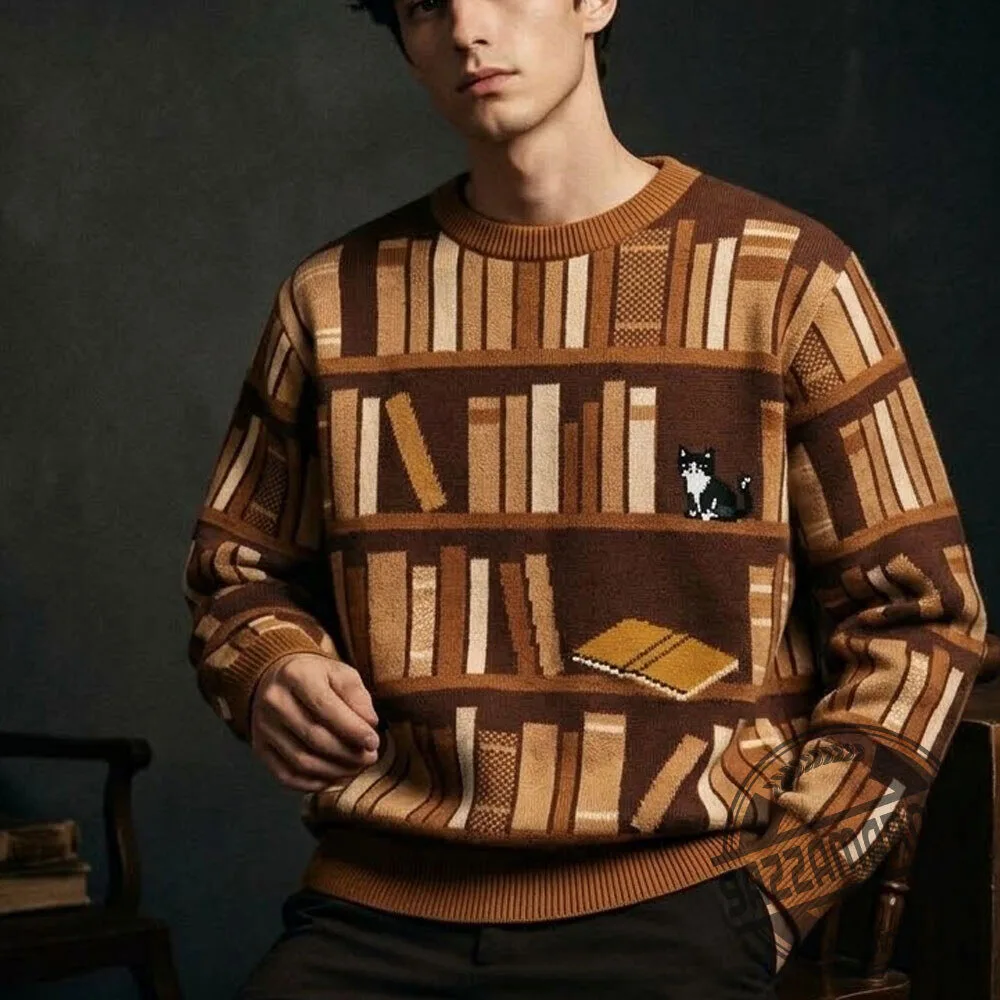 Bookshelf Pattern Knit Sweater Men Women 4 Bookshelf Pattern Knit Sweater Men Women