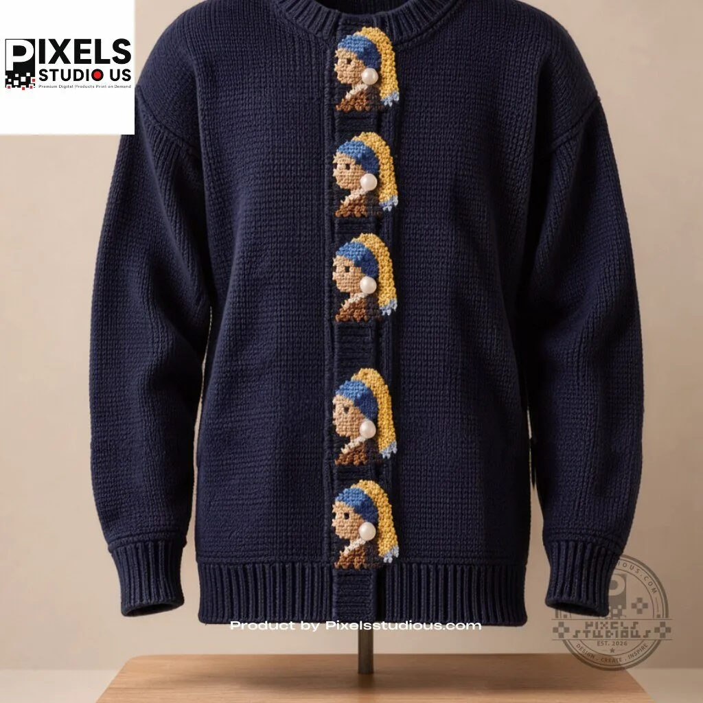 Johannes Vermeers Girl with a Pearl Earring Knit Sweater 5 Johannes Vermeers Girl with a Pearl Earring Knit Sweater 3D shirt or sports jersey with all-over print design