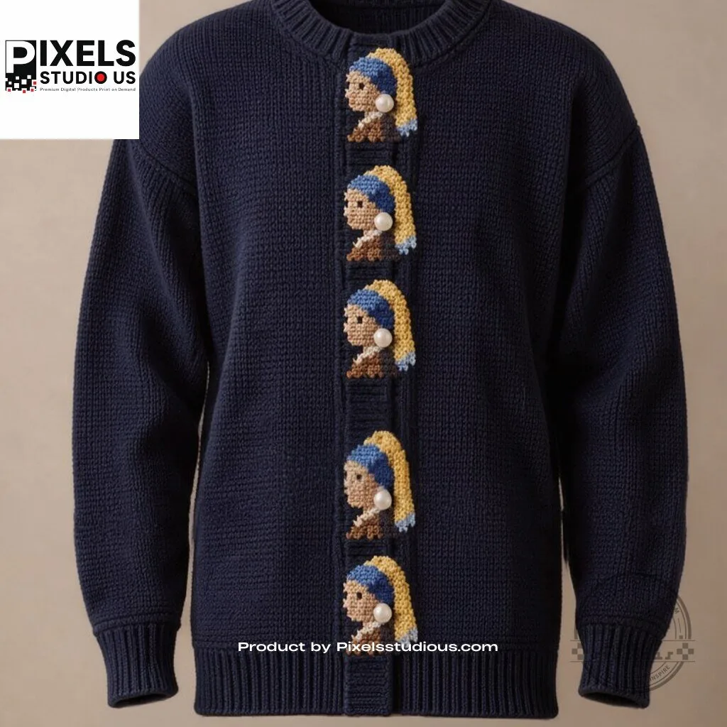 Johannes Vermeers Girl with a Pearl Earring Knit Sweater 6 Johannes Vermeers Girl with a Pearl Earring Knit Sweater 3D shirt or sports jersey with all-over print design