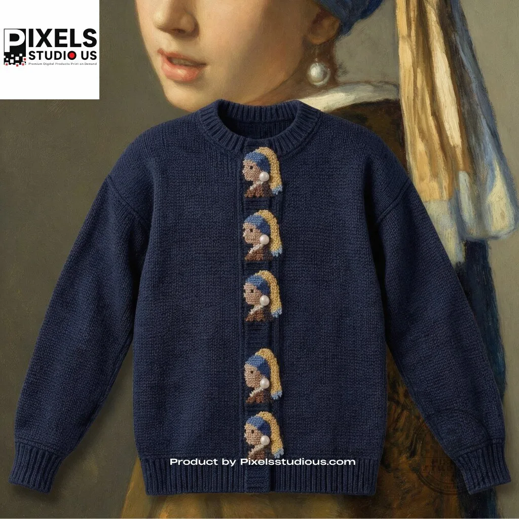 Johannes Vermeers Girl with a Pearl Earring Knit Sweater 7 Johannes Vermeers Girl with a Pearl Earring Knit Sweater 3D shirt or sports jersey with all-over print design
