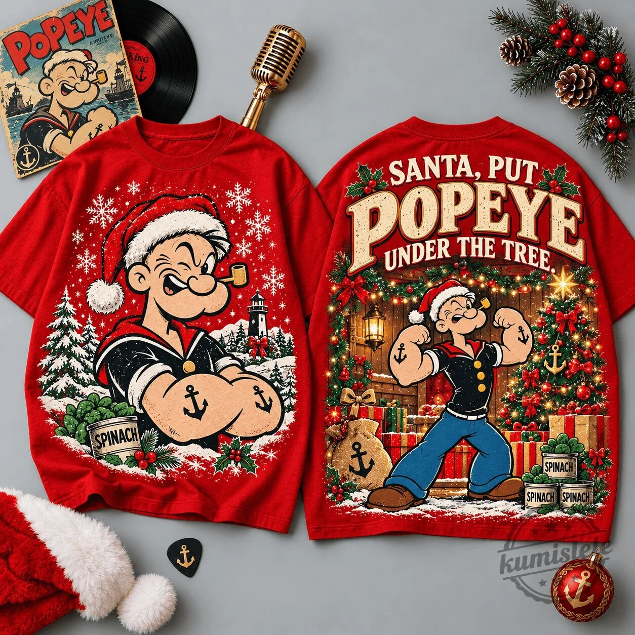 Popeye The Sailor Man Christmas Holiday Santa Hat Portrait Red T-Shirt 1 Popeye The Sailor Man Christmas Holiday Santa Hat Portrait Red T-Shirt