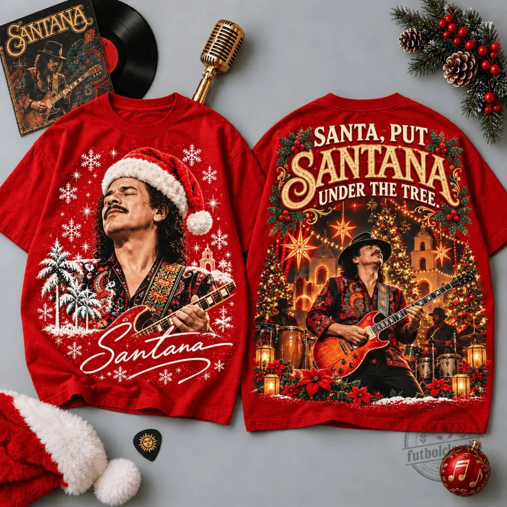 Carlos Santana Christmas Holiday Portrait and Guitar Performance Red T-Shirt Carlos Santana Christmas Holiday Portrait and Guitar Performance Red T-Shirt