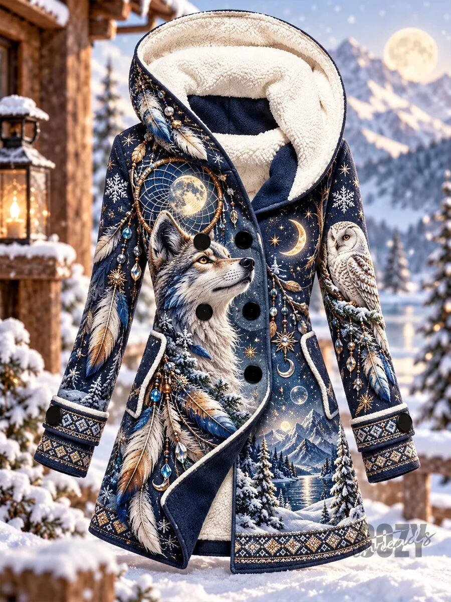 Winter Wolf Dreamcatcher Moon and Stars Nordic Pattern Sherpa Lined Hooded Coat