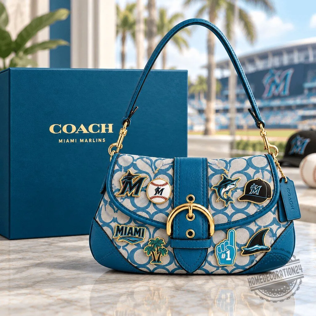 Miami Marlins Signature Canvas Soho Bag with Team Charms and Gold Hardware
