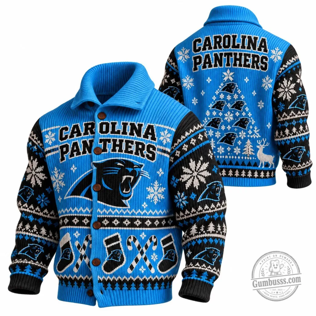 Carolina Panthers Christmas Ugly Sweater Cardigan Knit Button Up Carolina Panthers Christmas Ugly Sweater Cardigan Knit Button Up