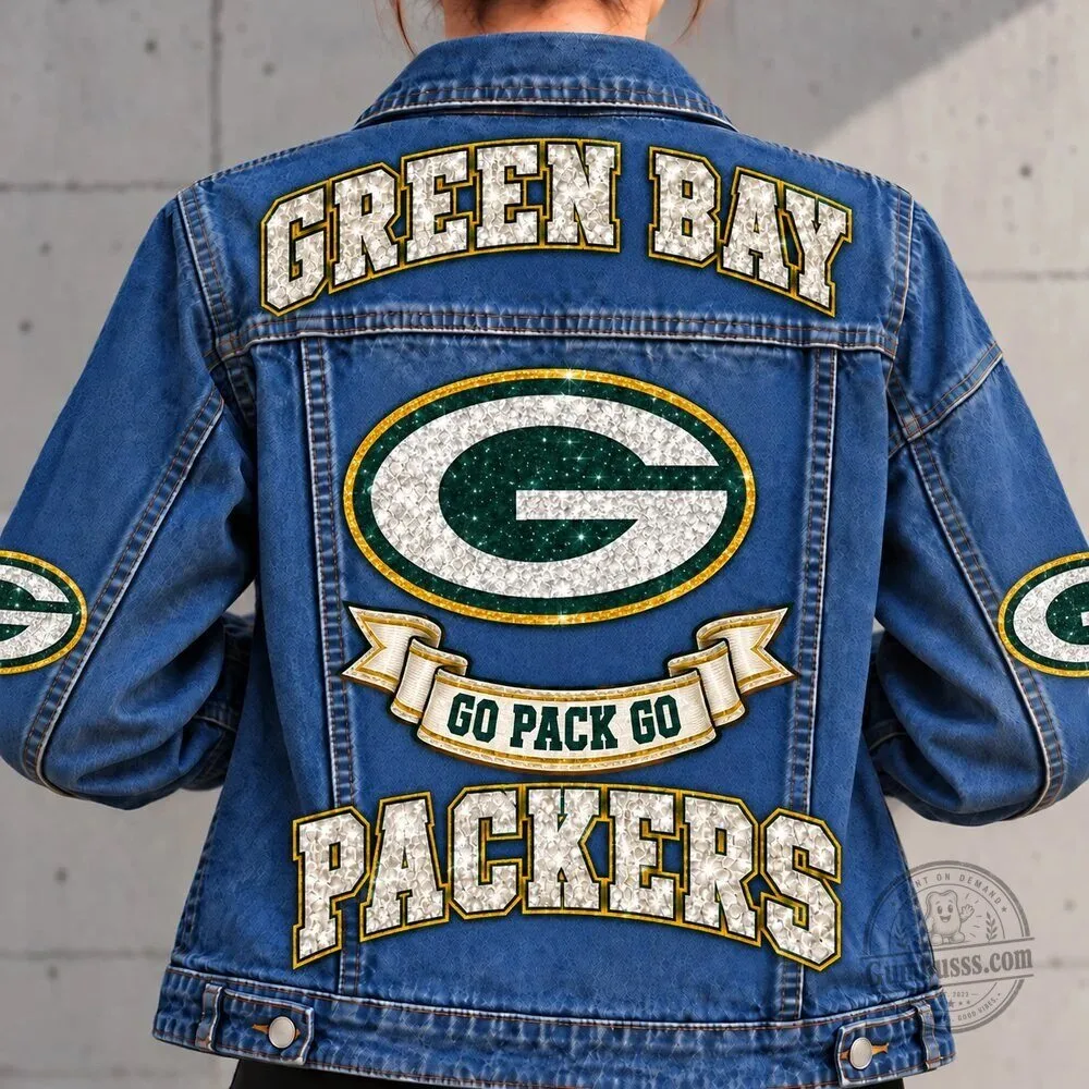 Green Bay Packers Women's Glitter Logo Denim Jacket 1 Green Bay Packers Women