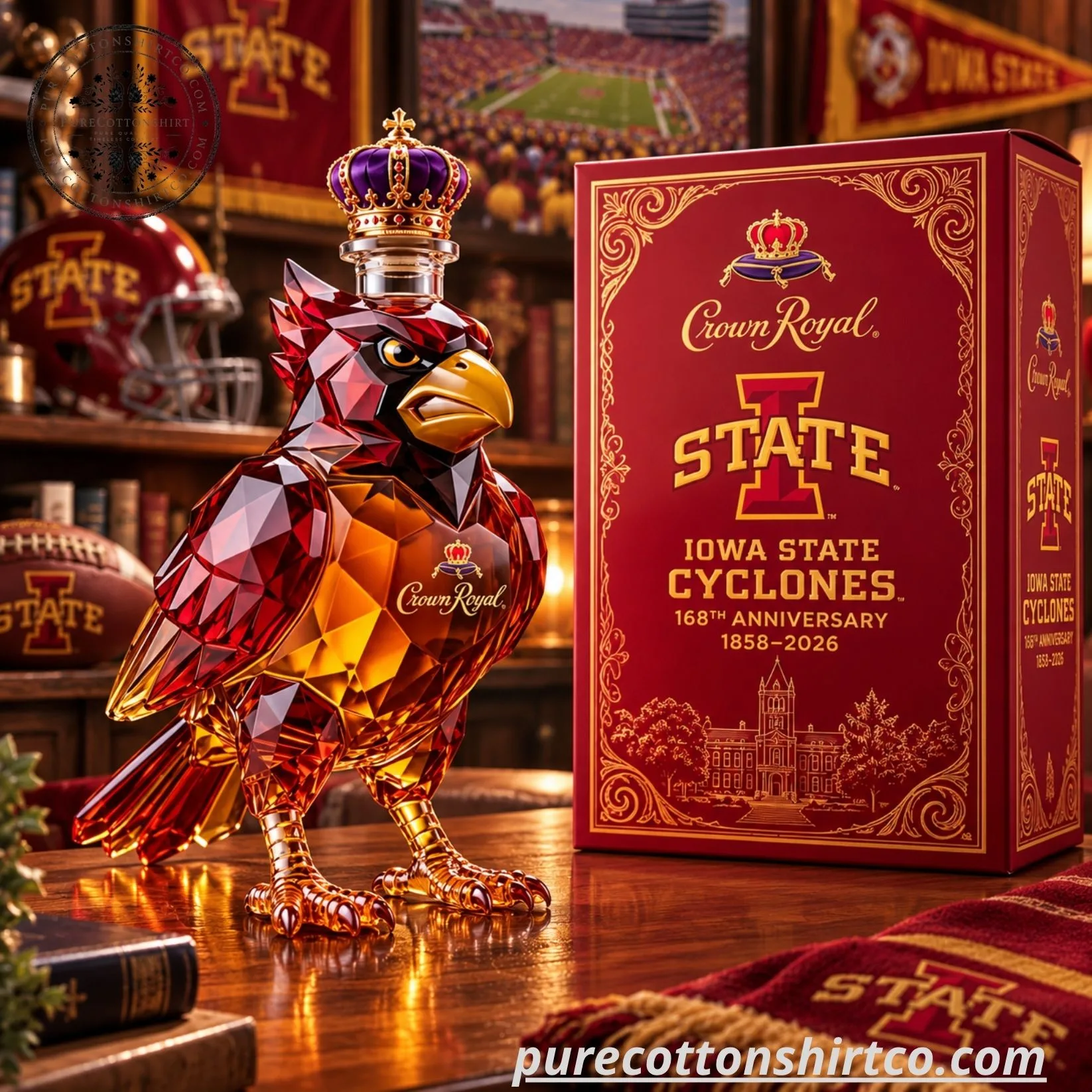 Iowa State Cyclones Crown Royal 168th Anniversary Decanter - Cy The Cardinal Glass Whiskey Bottle