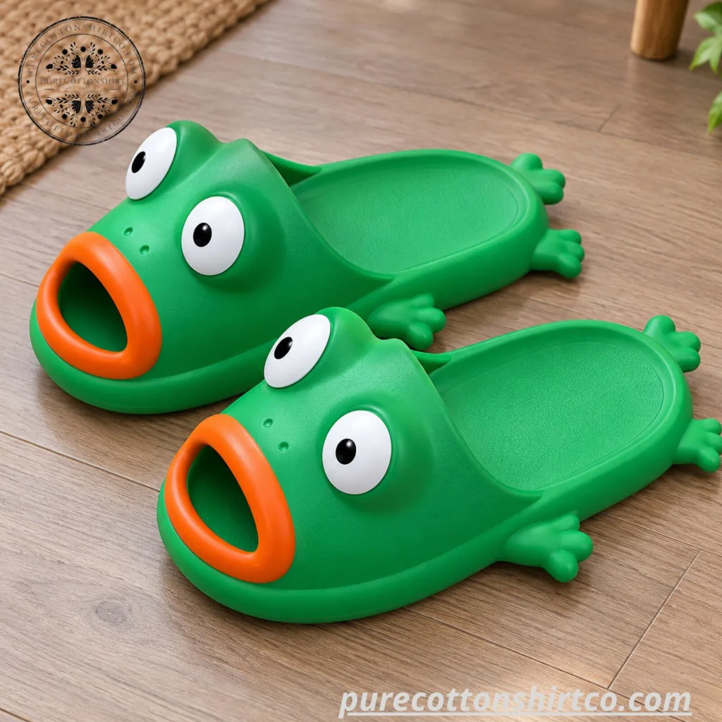 "Adorable Green Frog Slides: Ultimate Soft Cloud Cushion House Slippers" 33 Cute Funny Green Frog Slides - Soft Cloud Cushion House Slippers