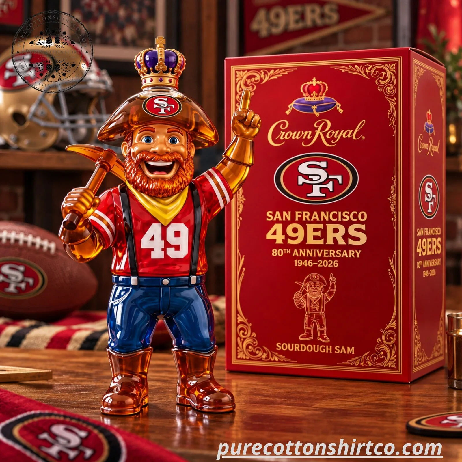San Francisco 49ers Crown Royal 80th Anniversary Decanter - Sourdough Sam Glass Whiskey Bottle